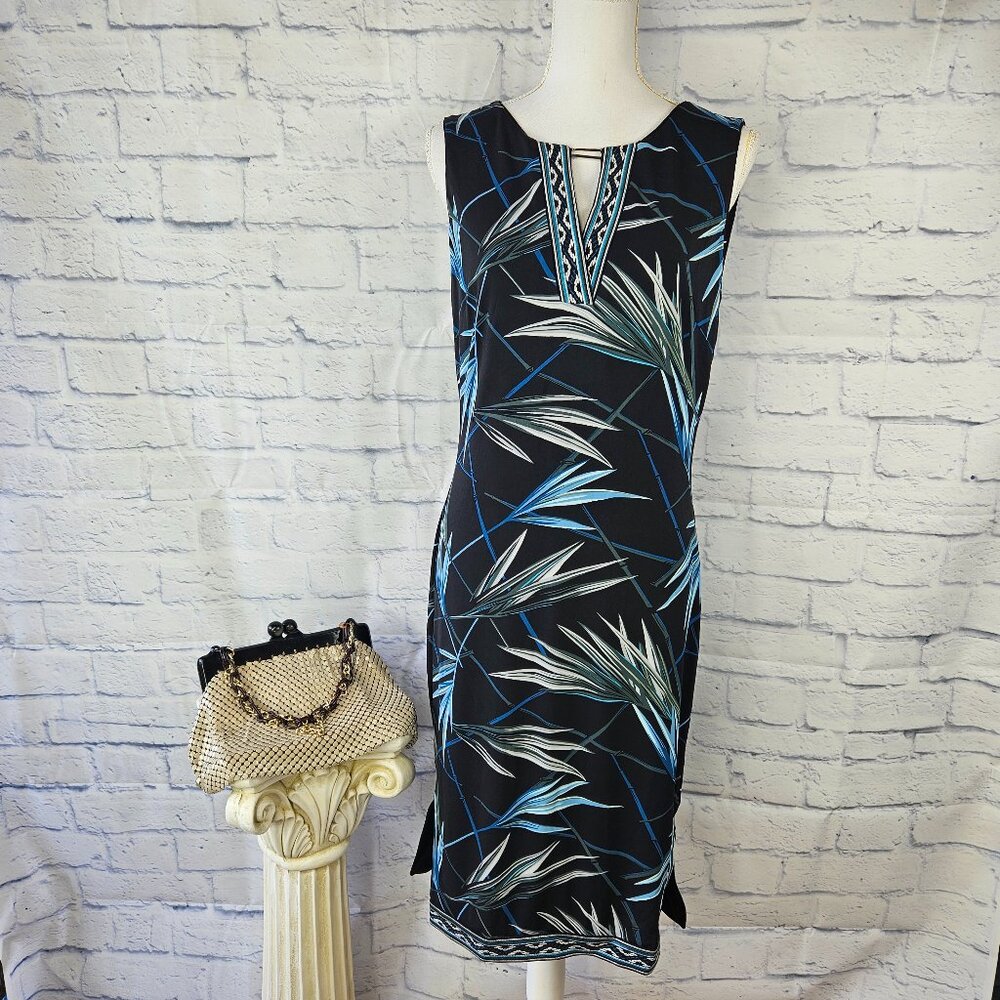 NWT White House Black Market Size M Teal Palm Print Sleeveless Sheath Dress $120